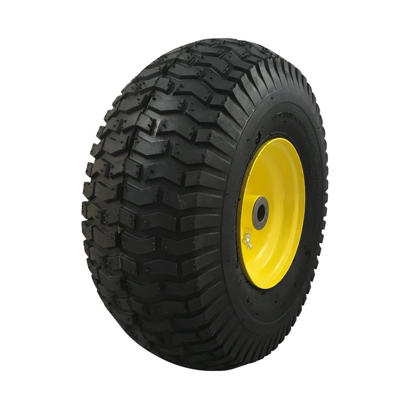Marastar 15x6.00-6 Pneumatic, OEM Like Replacement Front Tire and Wheel Assembly, Compatible with John Deere Mowers, Turf Saver, 4PR Tube-Type Tire, Yellow Wheel, 3-Inch Offset Hub, 3/4-Inch Bushings - Image 1